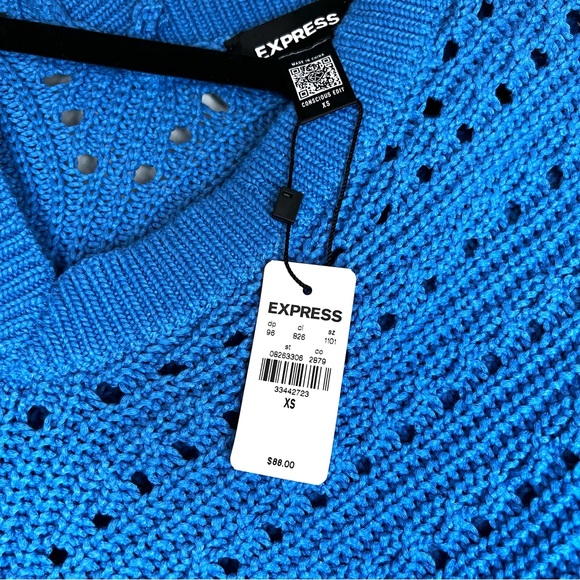 NWT EXPRESS Open Stitch Double V-Neck Dolman Sleeve Sweater, Blue color, XS size - Picture 10 of 13